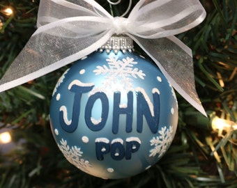 Snowflake Name Ornament, Blue Blub, Name Ornament with Snowflakes, Custom Name Snowflake Ornament, Personalized Ornament Gift, Hand Painted