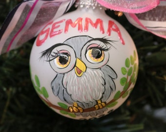 Hand Painted Owl Personalized Ornament, Grey and White Owl Ornament, Owl Custom Ornament, Made to Order Ornament, Keepsake Owl Gift