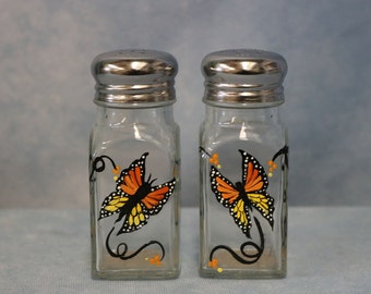 Hand Painted Monarch Butterfly Glass Salt & Pepper Shakers