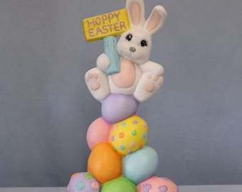 Egg Stack Bunny Ceramic, White Rabbit with Hoppy Easter Sign, Stack of Colored Easter Eggs Ceramic, Easter Gift Idea, Spring Home Decor