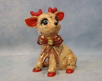 Ceramic Christmas Reindeer, hand painted Baby Deer sitting with Head Turned, Holly Stuffed Deer, Kimple Baby Deer Ceramic, Christmas Deer