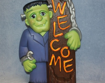 Frankenstein Welcome Sign, Hand-painted Ceramic Frankenstein, Welcome Frankie Halloween Decoration, Welcome Sign, Frankenstein Decoration