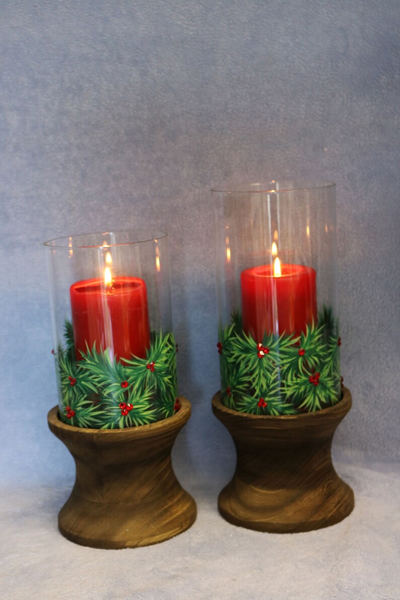 Holly Hurricane Candle Holder Hand Painted Candle Holder Etsy