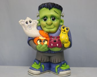 Ceramic Frankenstein Junior with Monsters, Ghosts and Goblins, Halloween Frankenstein, Halloween Decoration