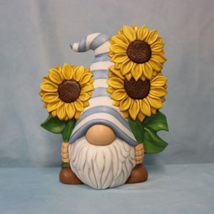 Sunflower Gnome Hand Painted, Ceramic Gnome, Garden Gnome with Sunflowers, Yellow Sunflower Ceramic Gnome Decoration, Gnome Gift