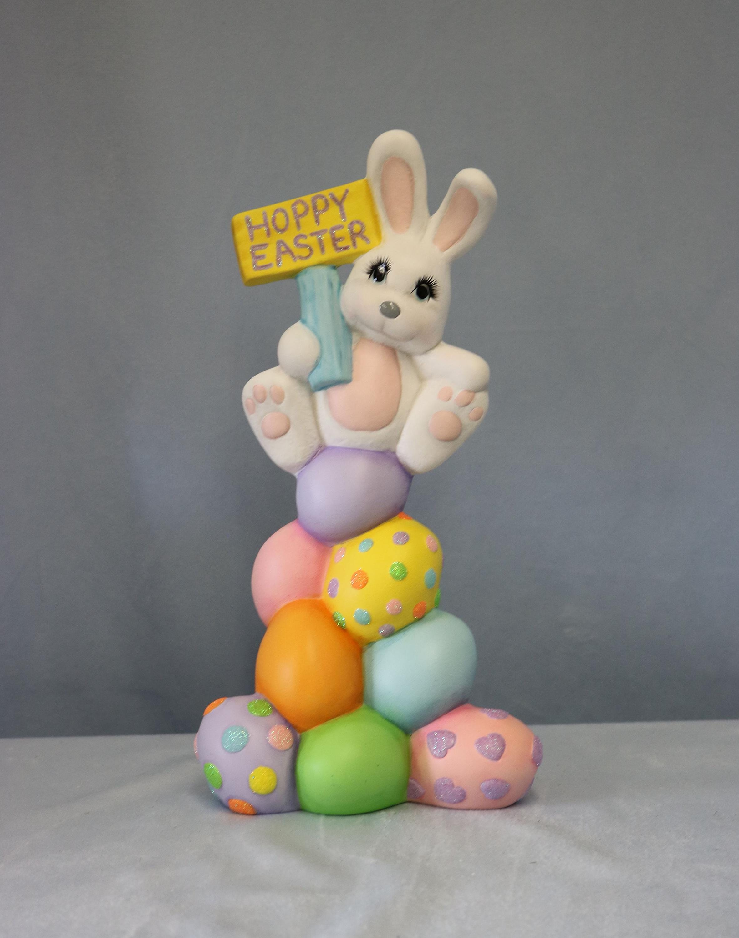 Egg Stack Bunny Ceramic, White Rabbit With Hoppy Easter Sign, Stack of ...