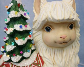 クリスマスラマセット：手描きの陶器製ホリデーデコレーションとライト