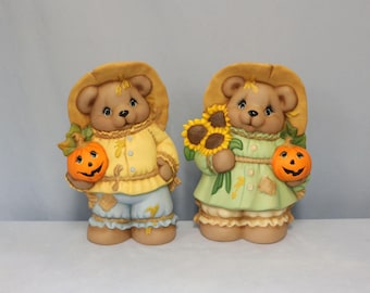 Hand-Painted Ceramic Scarecrow Bear Set with Sunflowers and Jack O' Lanterns: Fall Decor; Collectible Keepsake Bears