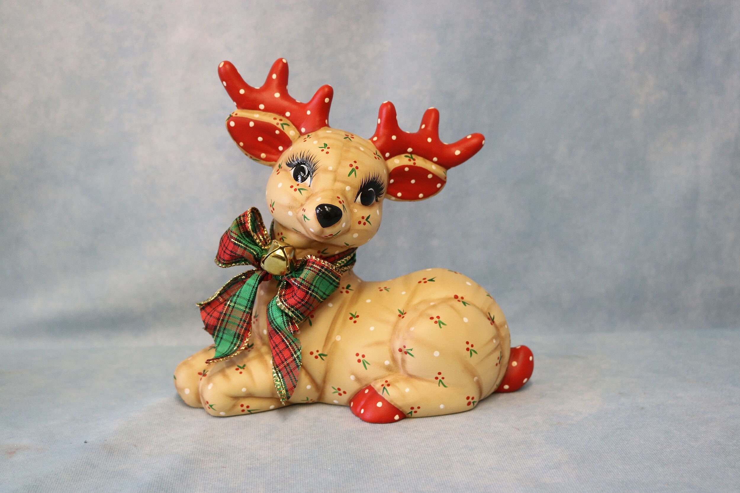 Ceramic Christmas Reindeer, Hand Painted Laying Reindeer, Kimple