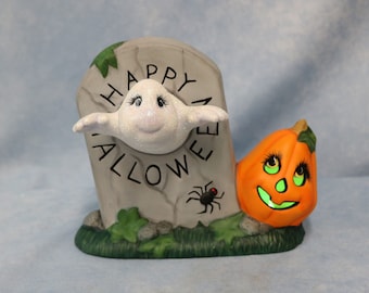 Hand Painted Ceramic Ghost Tombstone with Jack O' Lantern