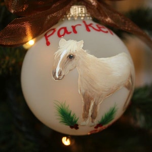 K&ouml;nnte beinhalten: Eine Christbaumkugel aus mattiertem Glas mit einem handgemalten Pferdemotiv. Das Pferd ist hellbraun mit wei&szlig;er M&auml;hne und Schweif. Der Name "Parker" steht in roter Schrift. Oben ist ein braunes Band gebunden.