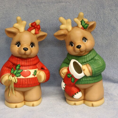 Candy Candy Deer, Christmas Deer shops Candy Cane Holder, Holiday Moose Deer Set, Christmas Moose Deer, Ceramic deer couple, Candy Cane Deer set