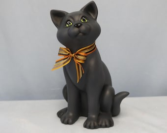 Black Cat Ceramic, Halloween Cat, Black Cat with Green Eyes, Hand Painted Cat, Ceramic Black Cat, Ceramic Animal, Kitty Cat Decoration