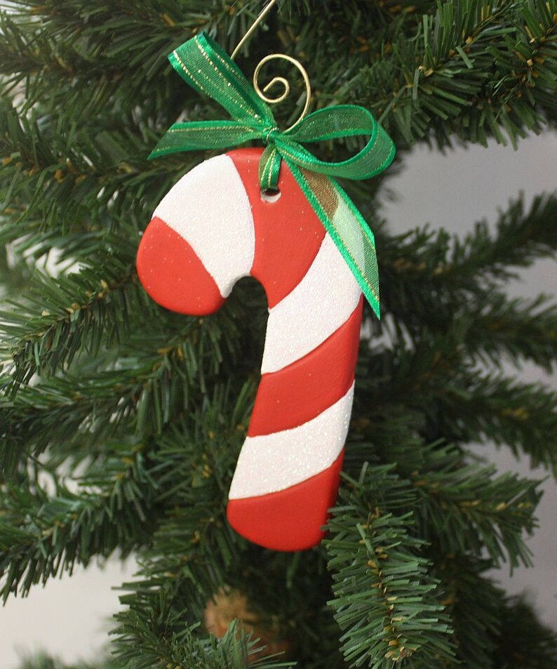 Hand painted Ceramic Candy Cane Ornament with Red and White Stripes image 3