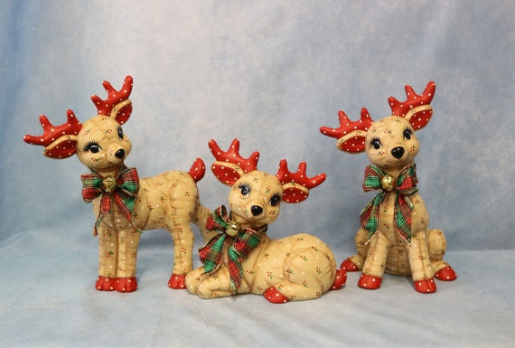 Ceramic Christmas Reindeer, Hand Painted Laying Reindeer, Kimple