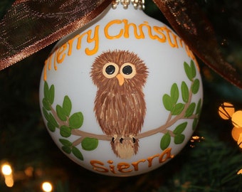 Handpainted Owl Personalized Ornament, brown owl ornament, owl custom ornament, made to order ornament