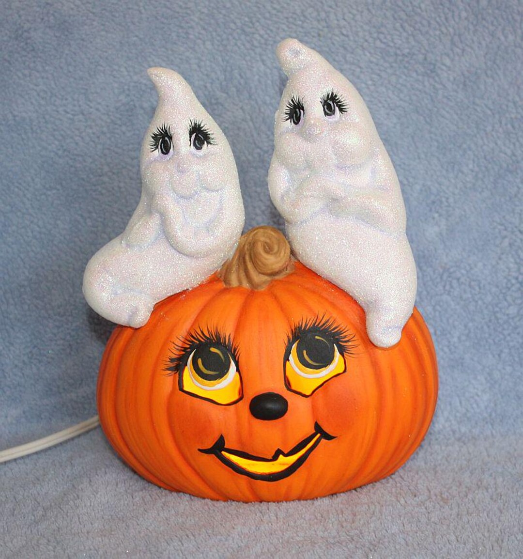 Ceramic Lighted Jack O Lantern, White Sparkling Ghosts on Top ...