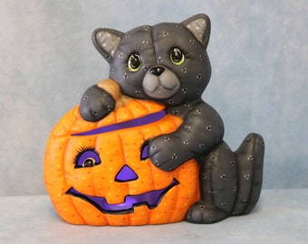 Ceramic Black Cat Softy, Lighted Jack O' Lantern with Black Cat Decoration, Hand Painted Cat, Ceramic Jack O' Lantern Softy, Halloween Decor