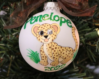 Cheetah Personalized Ornament, hand painted Cheetah Ornament, Custom Painted Ornament, Personalized Gift, Christmas Ornament, Keepsake Gift