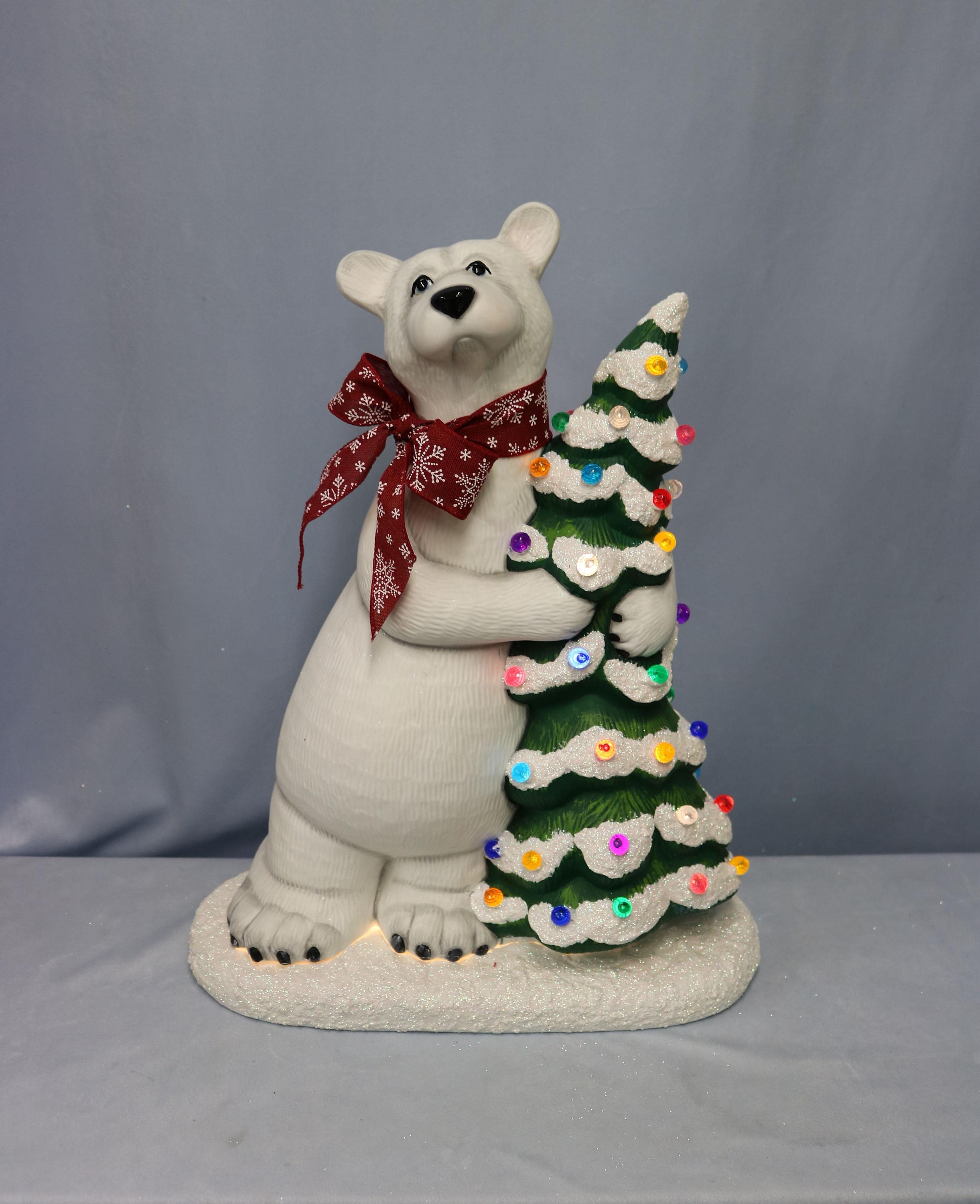 Ceramic Polar Bear Hugging A Lighted Christmas Tree, Bear, Holiday Decoration, Lit Tree