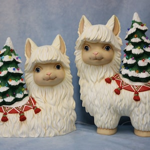 Christmas Llama Set: Hand-Painted Ceramic Holiday Decor with Lighted Tree