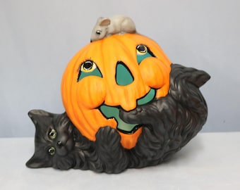 Hand-painted ceramic Black Cat holding Lighted Jack O Lantern; Halloween Decoration
