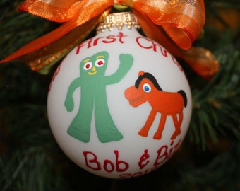 Gumby & Pokey ornament, Custom character Ornament, hand-painted Gumby ornament, made to order pokey ornament, personalized ornament