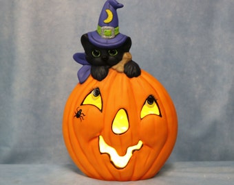 Lighted Jack O' Lantern with Black Cat, Halloween Jack O’ Lantern, Black Cat in Witches Hat, Pumpkin Ceramic, Lighted Pumpkin, Fall Decor