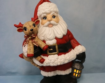 Ceramic Santa Claus, Santa with Reindeer, Hand Painted Santa Claus, Kimple Softy Deer, Stuffed Reindeer, Santa Christmas Decoration, Holly