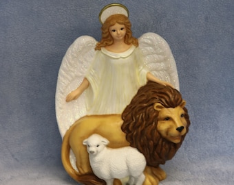 Hand-Painted Ceramic Angel Figurine: Lion and Lamb, Sparkling Wings