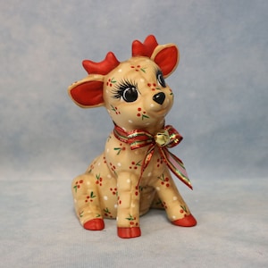 Ceramic Christmas Reindeer, Hand Painted Baby Deer Sitting, Holly
