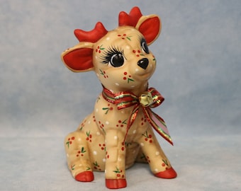 Ceramic Christmas Reindeer, Hand Painted Baby Deer Sitting, Holly Stuffed Deer, Kimple Softee Deer Ceramic, Christmas keepsake reindeer gift