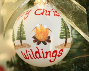 Camp Fire Ornament, Camping Personalized Ornament, Hand painted ornament,  Made to Order camp out ornament, pine trees, wilderness ornament