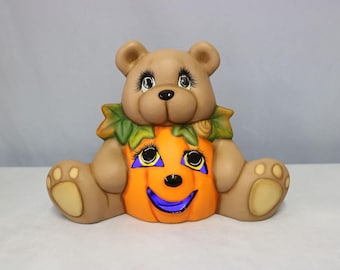Hand-Painted Ceramic Bear Jack O' Lantern: Lighted Halloween Decor