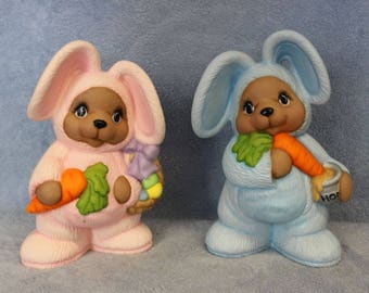 Hand Painted Ceramic Bears in Bunny Costumes, Adorable Bunny Bears, Easter Decoration, pink and blue bunny bears Spring Decor