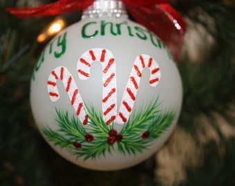 Christmas Candy Cane Personalized Ornament, hand painted candy cane ornament, custom Christmas ornament