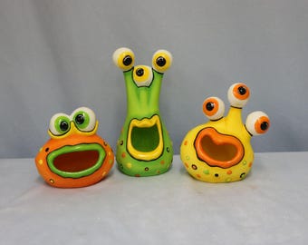 Ceramic Monster Set, Three Little Monsters, Colorful Monster Trio, Hand Painted Monsters Lime Green, Orange & Yellow, Halloween Decoration