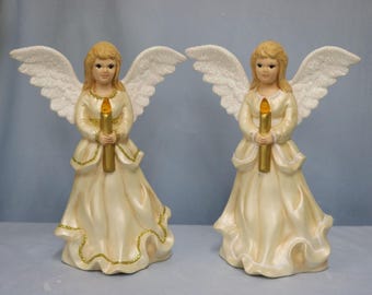 Hand-Painted Ceramic Angel with Lighted Candle & Glitter Wings; Holiday Home Decor