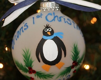 Penguin Ornament, Hand painted Penguin, Penguin Personalized Ornament, 1st Christmas Penguin Ornament, Penguin gift, holiday decoration