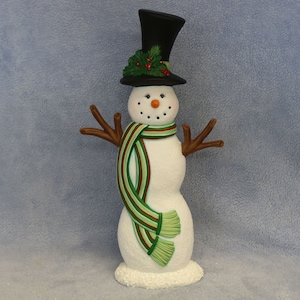 Hand-Painted Ceramic Snowman: Red and Green Striped Scarf, Winter Decoration