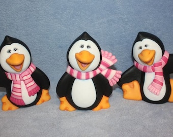 Ceramic Penguin Trio, Hand Painted Penguins Chilly, Silly & Willy.  Keepsake Penguin Gift, Penguins in Pink and White Scarf, Penguin Decor