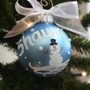 Snowman Personalized Name Ornament, snowman ornament, blue ornament, hand-painted ornament and custom designed ornament