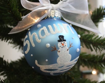 Snowman Personalized Name Ornament, snowman ornament, blue ornament, hand-painted ornament and custom designed ornament