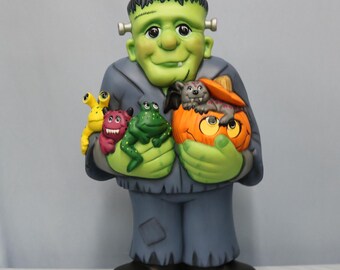 Hand-Painted Ceramic Frankenstein with Monsters, Jack O' Lantern: Halloween decoration