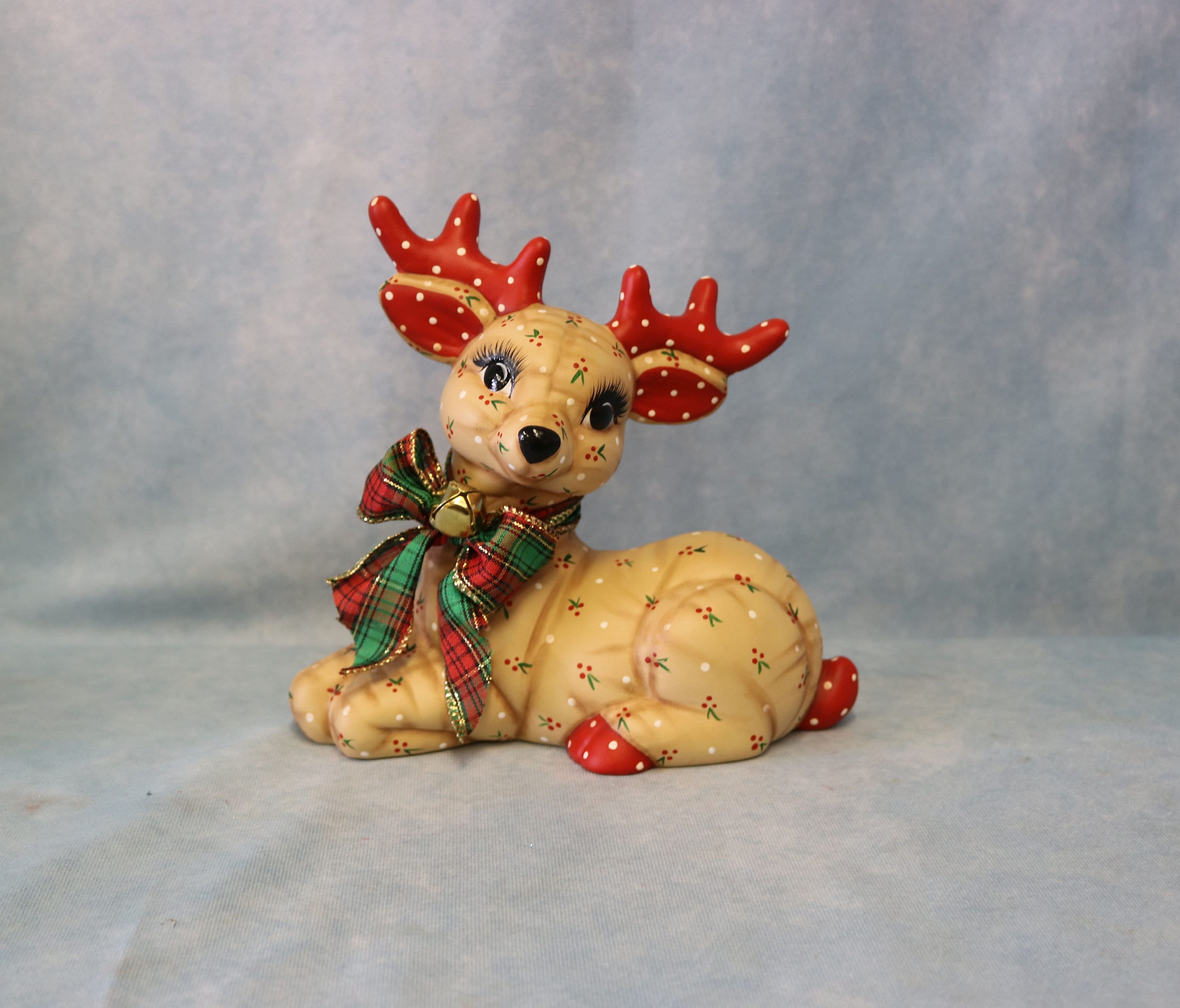Ceramic Christmas Reindeer, Hand Painted Laying Reindeer, Kimple
