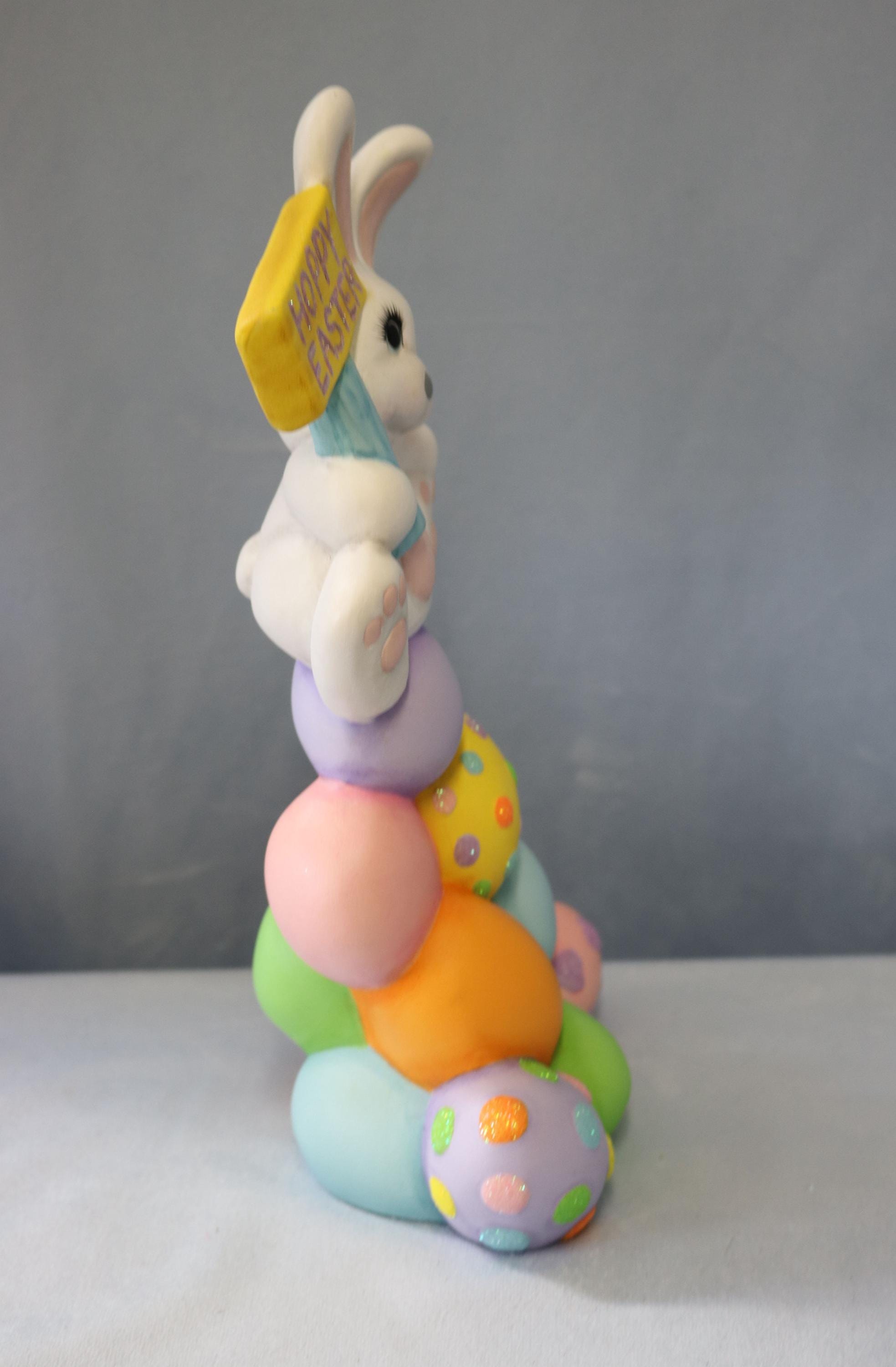 Egg Stack Bunny Ceramic, White Rabbit With Hoppy Easter Sign, Stack of ...