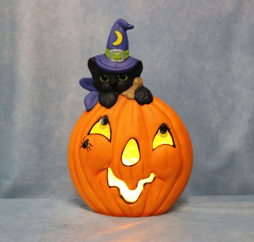 Lighted Ceramic Jack O' Lantern With Black Cat - Halloween Decor - Etsy