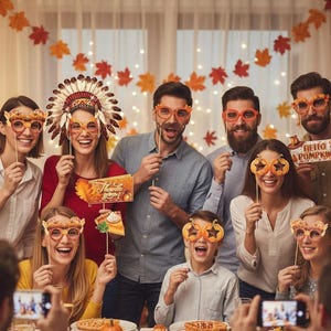 Pode incluir: Um grupo de pessoas sorrindo e segurando adereços de cabine de fotos com tema de Ação de Graças. Os adereços incluem óculos, bigodes e placas com frases. O fundo apresenta decorações de folhas de outono.
