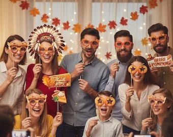 Zestaw 30 rekwizytów do fotobudki na Święto Dziękczynienia, rekwizyty do selfie na Dzień Dziękczynienia, zabawne dekoracje na jesienne przyjęcie, rekwizyty do zdjęć z okazji Święta Dziękczynienia, zestaw na jesienną imprezę