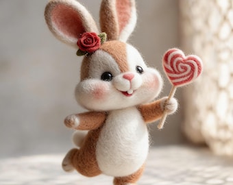 Needle Felted Bunny Figurine with Rose, Handmade Rabbit Doll, Cute Felt Animal Collectible, Romantic Gift for Her, Bunny Decor